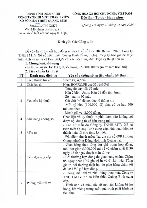Mời tham gia báo giá in túi vé xổ số biết kết quả ngay (BKQN)